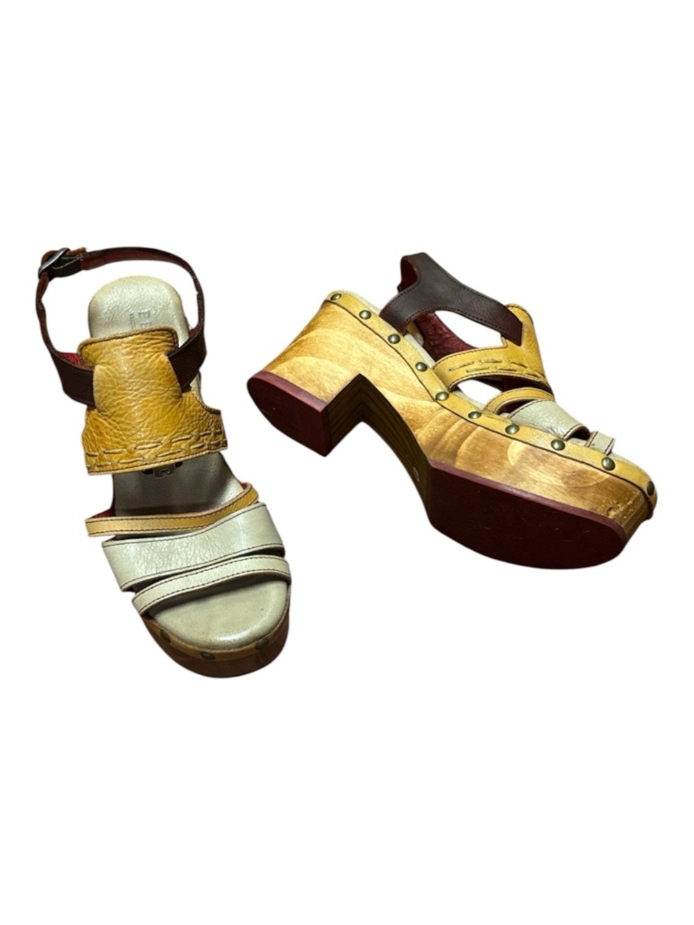 Bed Stu Anthropologie Platform Heel Clog Ankle Strap Sandals Yellow Brown 9 - Picture 2 of 12